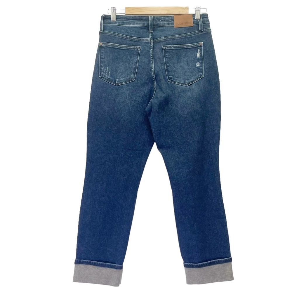 Judy Blue Buffalo Plaid Patch Midrise Cuffed Boyfriend Jeans Dark Wash Size 29 - Picture 3 of 15